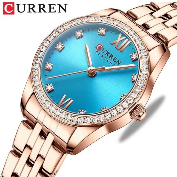 CURREN 9086 Top Brand Luxury Rose Gold Stainless Steel Classic Blue Lady Wristwatch