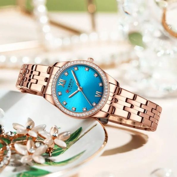 CURREN 9086 Top Brand Luxury Rose Gold Stainless Steel Classic Blue Lady Wristwatch