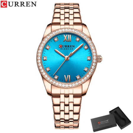 CURREN 9086 Top Brand Luxury Rose Gold Stainless Steel Classic Blue Lady Wristwatch