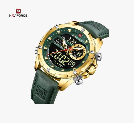 Naviforce mens watch NF9208 green strap leather fashion Analog/Digital