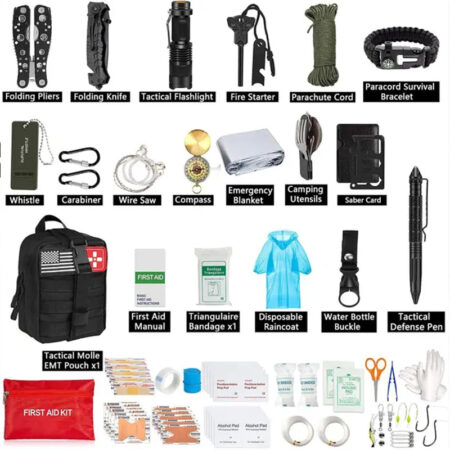 Emergency Survival Kit and First Aid Kit Professional Survival Gear SOS Emergency Tool with Molle Pouch (Black)