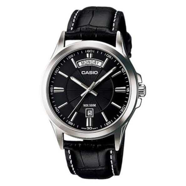 Casio MTP-1381L-1A Black Analog Black Leather Big Day Display