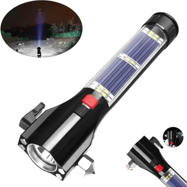 Multi-functional Safety Hammer, Magnet, Alarm(Siren), nife, USB Rechargeable Solar Emergency LED Flashlight