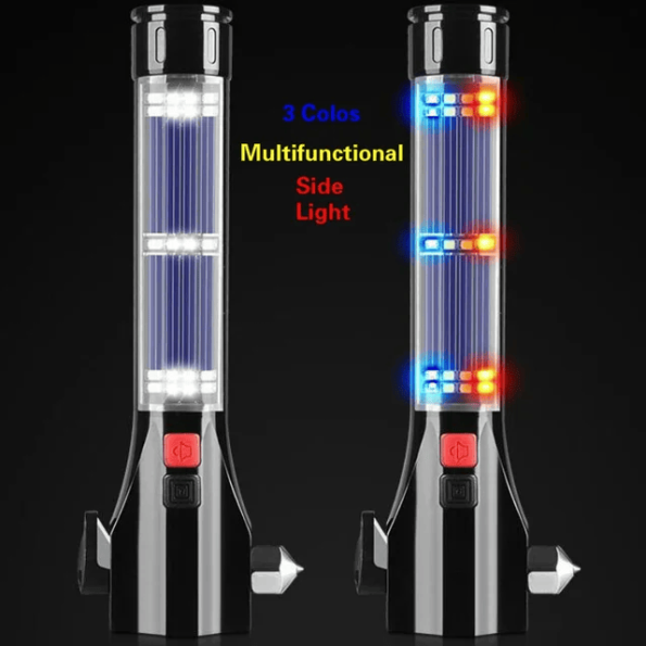 Multi-functional Safety Hammer, Magnet, Alarm(Siren), nife, USB Rechargeable Solar Emergency LED Flashlight