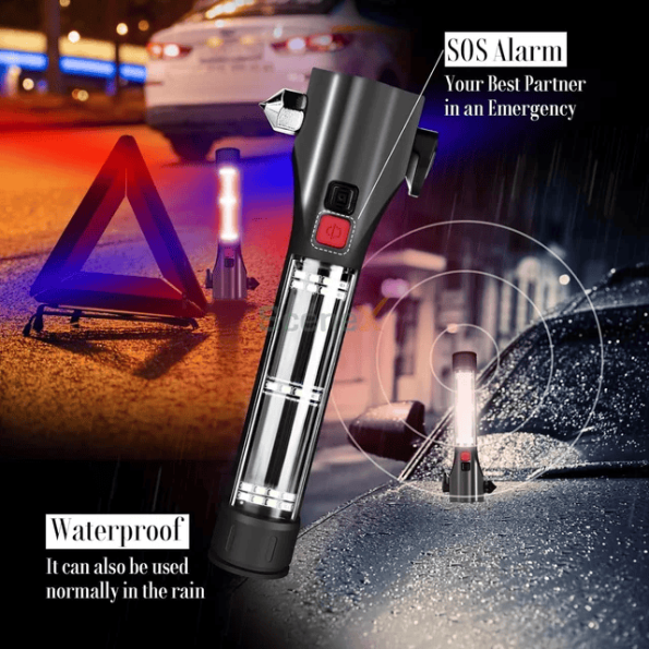 Multi-functional Safety Hammer, Magnet, Alarm(Siren), nife, USB Rechargeable Solar Emergency LED Flashlight