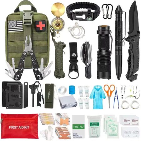 Emergency Survival Kit and First Aid Kit Professional Survival Gear SOS Emergency Tool with Molle Pouch (Green)