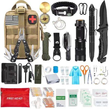 Emergency Survival Kit and First Aid Kit Professional Survival Gear SOS Emergency Tool with Molle Pouch (Brown)