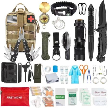 Emergency Survival Kit and First Aid Kit Professional Survival Gear SOS Emergency Tool with Molle Pouch (Multicam CP))
