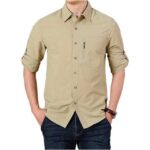 Khaki New Spandex Shirts Stretch Tactical Casual Shirts for Men in Kenya